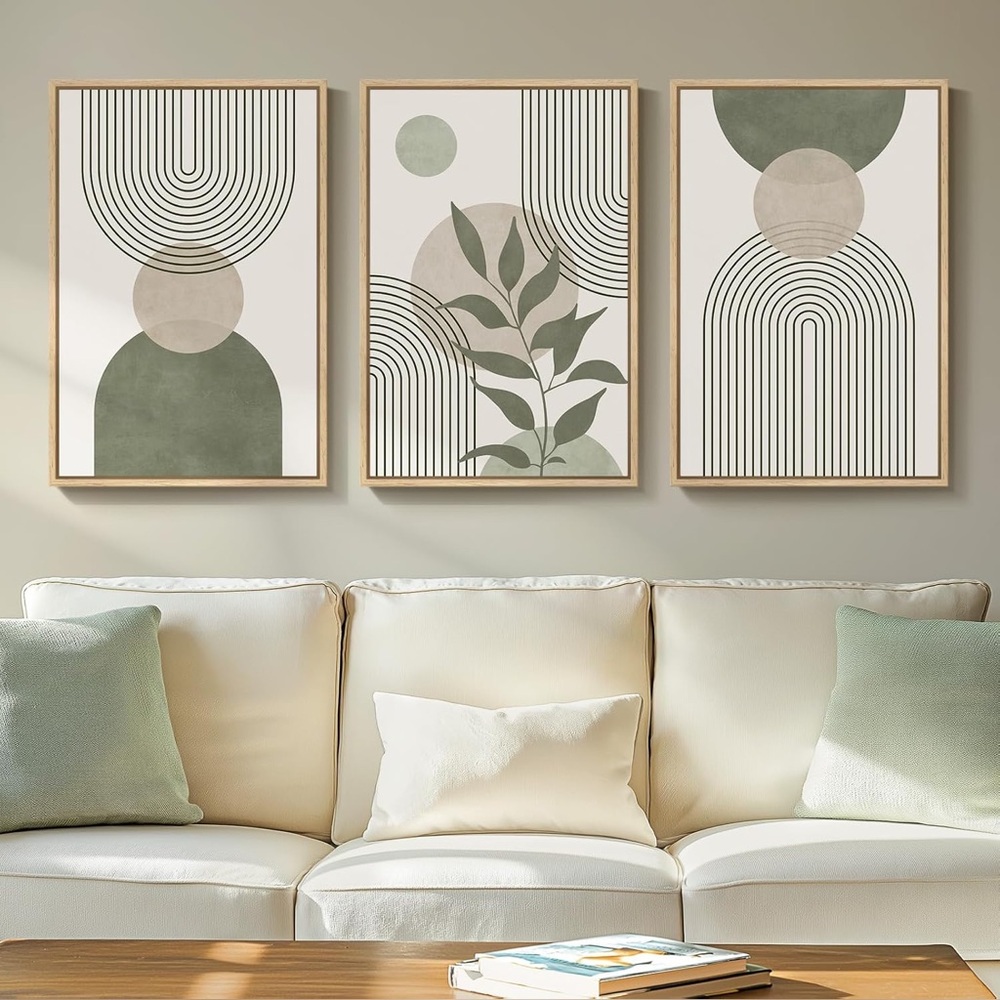 Framed Sage Green Boho Wall Art Set 3 Canvas Prints 16x24 Mid Century Modern New